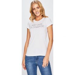 Armani Exchange - Top. Białe bluzki damskie marki Armani Exchange, s, z nadrukiem, z bawełny, z okrągłym kołnierzem. Za 199,90 zł.
