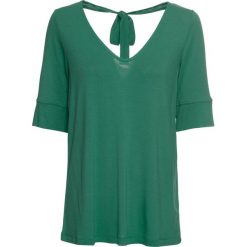 Shirt z dekoltem z tyłu bonprix zielony miętowy. Zielone koszulki damskie marki bonprix, bez wzorów, eleganckie, z dekoltem w serek. Za 44,99 zł.