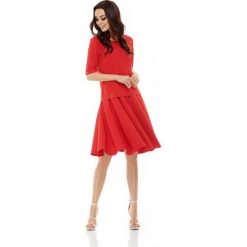 Czerwony Komplet Bluzka z Rozkloszowaną Spódnicą do Kolan. Czerwone bluzki damskie Molly.pl, do pracy, s, bez wzorów, eleganckie, midi, rozkloszowane. Za 158,90 zł.