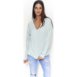Miętowa Lekka Bluza z Dekoltem w Szpic. Zielone bluzy damskie marki Molly.pl, uniwersalny, z aplikacjami, z bawełny, długie. Za 79,90 zł.