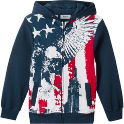 Bluza chłopięca rozpinana z nadrukiem i kapturem bonprix ciemnoniebieski z nadrukiem. Niebieskie bluzy chłopięce bonprix, z nadrukiem, z bawełny, rockowe, bez rękawów. Za 79,99 zł.