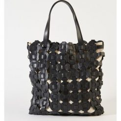 Torba z plecionej skóry. Czarne torby damskie na zakupy marki La Redoute Collections, w paski, z bawełny. Za 423,36 zł.