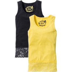 Top z koronkową wstawką (2 sztuki) bonprix żółty tulipan + czarny. Żółte bluzki dziewczęce bonprix, w koronkowe wzory, z koronki. Za 49,98 zł.
