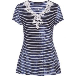 Shirt z koronką bonprix ciemnoniebiesko-biały w paski. Niebieskie koszulki damskie marki bonprix, w paski, z koronki, bez kołnierzyka, bez rękawów. Za 89,99 zł.