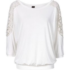 Shirt oversize z koronką bonprix biel wełny. Białe koszulki damskie bonprix, w koronkowe wzory, z wełny, bez kołnierzyka, bez rękawów. Za 54,99 zł.