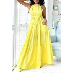 Sukienka LORIBEL YELLOW. Żółte sukienki damskie IVET, na co dzień, xl, bez wzorów, bez kołnierzyka, z długim rękawem, długie, maxi. W wyprzedaży za 99,00 zł.