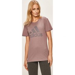 Adidas Performance - T-shirt. Fioletowe topy damskie adidas Performance, s, z nadrukiem, z bawełny, z okrągłym kołnierzem. Za 99,90 zł.