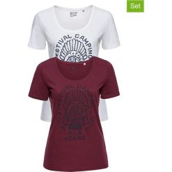 Koszulki (2 szt.) w kolorze bordowym i białym. Białe t-shirty damskie H.I.S, xs, z nadrukiem, z bawełny, z okrągłym kołnierzem. W wyprzedaży za 65,95 zł.