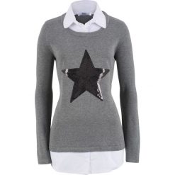 Sweter 2 w 1 z koszulową wstawką, długi rękaw bonprix szary melanż. Szare swetry damskie bonprix, bez wzorów, z długim rękawem, długie, bez kaptura. Za 109,99 zł.