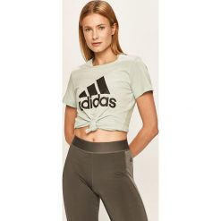 Adidas Performance - T-shirt. Niebieskie topy damskie adidas Performance, s, z nadrukiem, z bawełny, casualowe, z okrągłym kołnierzem. Za 99,90 zł.