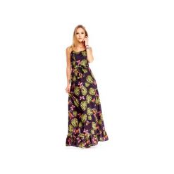 Sukienka maxi w kolorowy wzór wykończona falbaną. Czarne sukienki damskie Bird, s, bez wzorów, bez kołnierzyka, bez rękawów, maxi. Za 683,00 zł.