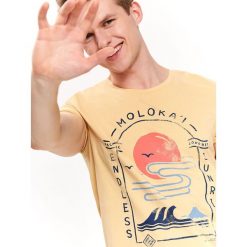 T-shirt z nadrukiem. Żółte t-shirty męskie Top Secret, na lato, m, z nadrukiem, z bawełny, wakacyjne, bez kołnierzyka, krótkie. W wyprzedaży za 19,99 zł.