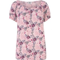 Shirt z dekoltem "carmen" bonprix pastelowy jasnoróżowy w kwiaty. Różowe koszulki damskie bonprix, w kwiaty, bez kołnierzyka, bez rękawów. Za 34,99 zł.