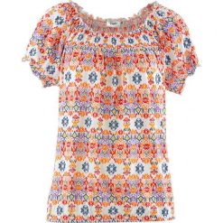 T-shirt bawełniany z gumką, krótki rękaw bonprix biały z nadrukiem. Białe bluzki damskie marki bonprix, z nadrukiem, z bawełny, z krótkim rękawem. Za 44,99 zł.