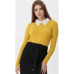 Żółty Sweter Aliana. Żółte swetry damskie Born2be, na jesień, s, z haftami, eleganckie, bez rękawów, długie, bez kaptura. Za 79,99 zł.