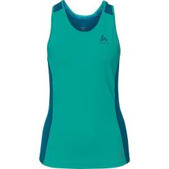 Top sportowy w kolorze turkusowym. Niebieskie topy damskie Odlo Women, xl, z nadrukiem, ze skóry, z okrągłym kołnierzem. W wyprzedaży za 85,95 zł.