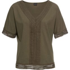 Shirt bonprix ciemnooliwkowy. Zielone koszulki damskie bonprix, bez wzorów, z dekoltem w serek. Za 74,99 zł.