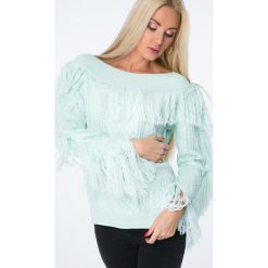 Swetry klasyczne damskie: Sweter dekolt w łódkę z frędzlami miętowy MISC4540