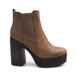 Zielone Botki Na Słupku Z Gumką E4863 Khaki. Zielone botki damskie ButyModne, eleganckie, bez obcasa, na słupku, bez zapięcia. Za 84,99 zł.