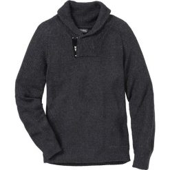 Sweter z szalowym kołnierzem Regular Fit, z bawełny z recyclingu bonprix antracytowy melanż. Szare swetry męskie bonprix, s, w paski, z bawełny, bez kołnierzyka, bez kaptura. Za 79,99 zł.