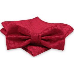 Soczysta Czerwona Mucha Męska -ALTIES- z Taką Samą Poszetką, w Tłoczony Wzór Paisley MUALTS0537. Czerwone muszki męskie Alties, w paski, eleganckie. Za 39,00 zł.