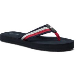 Japonki TOMMY HILFIGER - Colorful Tommy Comfy Sandal FW0FW04235 Rwb 020. Niebieskie klapki damskie TOMMY HILFIGER, bez wzorów, ze skóry, bez obcasa. W wyprzedaży za 79,00 zł.