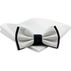 Biało-Granatowa Mucha + Biała Poszetka - Chattier, Męska MUCH0128. Białe muszki męskie Chattier, w paski, eleganckie. Za 44,00 zł.