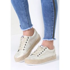 Złote Creepersy Hot Diamond. Żółte półbuty damskie vices, z aplikacjami, ze skóry, bez obcasa, na platformie, na sznurówki. Za 54,99 zł.