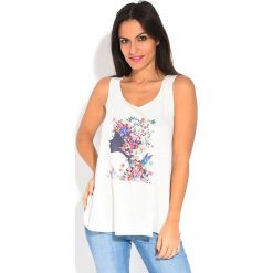 Top w kolorze białym. Białe topy damskie Namaste, z nadrukiem, z bawełny, klasyczne, z okrągłym kołnierzem, bez rękawów. W wyprzedaży za 42,95 zł.