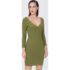 Sukienka mini z dekoltem - Khaki. Brązowe sukienki damskie Sinsay, s, bez wzorów, bez kołnierzyka, bez rękawów, mini. W wyprzedaży za 31,99 zł.