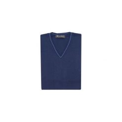 Granatowy sweter w szpic SW8. Niebieskie swetry męskie Lanieri Fashion - swetry męskie, m, bez wzorów, z bawełny, casualowe, z dekoltem w serek, bez kaptura. Za 117,00 zł.
