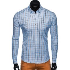 KOSZULA MĘSKA W KRATĘ Z DŁUGIM RĘKAWEM K447 - BŁĘKITNA. Niebieskie koszule męskie Ombre Clothing, s, bez wzorów, z bawełny, bez kołnierzyka, z długim rękawem. Za 39,00 zł.