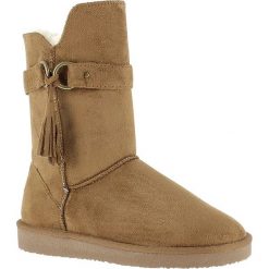 Kozaki zimowe "Crawford" w kolorze jasnobrązowym. Pomarańczowe kozaki damskie Island Boot, na zimę, ze skóry, bez obcasa, na platformie, z paskami. W wyprzedaży za 129,95 zł.