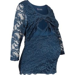 Shirt koronkowy ciążowy i do karmienia piersią bonprix ciemnoniebieski. Niebieskie bluzki ciążowe bonprix, bez wzorów, z koronki, bez kołnierzyka, bez rękawów. Za 109,99 zł.