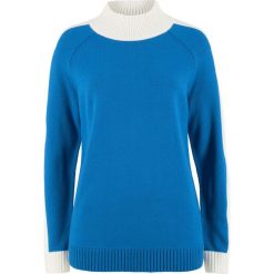 Sweter ze stójką bonprix lazurowo-biel wełny. Niebieskie swetry klasyczne damskie bonprix, z wełny, ze stójką. Za 54,99 zł.
