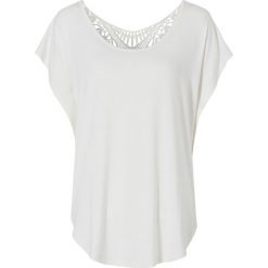 Shirt z szydełkową wstawką bonprix biel wełny. Białe bluzki damskie bonprix, w koronkowe wzory, z wełny, bez kołnierzyka, z krótkim rękawem. Za 74,99 zł.