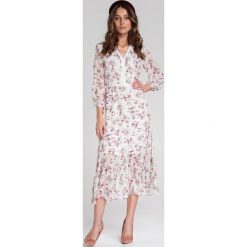 Biała Sukienka Abbott. Białe sukienki damskie Renee, s, w kwiaty, z koronki, boho, z dekoltem na plecach, bez rękawów, midi, rozkloszowane. Za 109,99 zł.