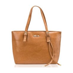 SKÓRZANA SHOPPERKA GOLD LUNA JASNY BRĄZ. Brązowe torby damskie na zakupy marki FeliceGold, w paski, z bawełny, na ramię. Za 399,00 zł.