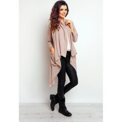 Beżowa Asymetryczna Narzutka z Wolnymi Połami i Kieszeniami. Brązowe swetry damskie Molly.pl, s, bez wzorów, z jeansu, eleganckie, z długim rękawem, długie, bez kaptura. Za 129,90 zł.