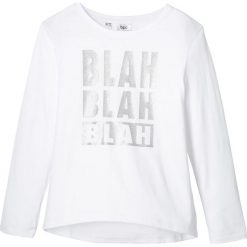 Shirt z długim rękawem i połyskującym nadrukiem bonprix biały. Białe bluzki dziewczęce bonprix, z nadrukiem, bez kołnierzyka, z długim rękawem, długie, bez kaptura. Za 29,99 zł.