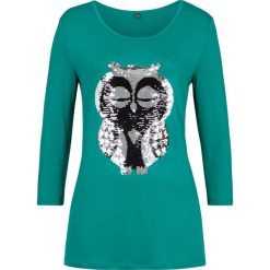 T-shirt z aplikacją z odwracanych cekinów, rękawy 3/4 bonprix dymny szmaragdowy. Niebieskie t-shirty damskie bonprix, z aplikacjami, bez kołnierzyka. Za 54,99 zł.