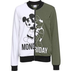 Bluza rozpinana college "Myszka Miki" bonprix oliwkowo-biały. Zielone bluzy damskie bonprix, z nadrukiem, bez rękawów, bez kaptura. Za 79,99 zł.