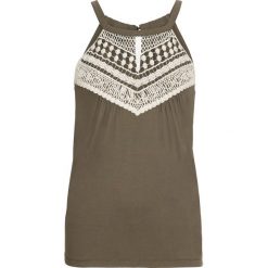 Top z koronką bonprix ciemnooliwkowy. Zielone bluzki damskie bonprix, w koronkowe wzory, z elastanu, bez kołnierzyka, bez rękawów. Za 84,99 zł.