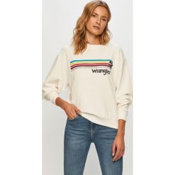 Wrangler - Bluza. Białe bluzy damskie Wrangler, s, z nadrukiem, z bawełny, z długim rękawem, długie, bez kaptura. Za 199,90 zł.