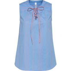 Bluzka oversize bonprix jasnoniebiesko-dymny jasnoróżowy w paski. Niebieskie koszulki damskie bonprix, w paski, bez kołnierzyka, bez rękawów. Za 59,99 zł.