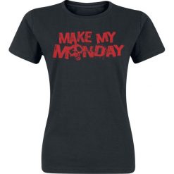 Make My Monday Koszulka damska czarny. Czarne bluzki z odkrytymi ramionami marki Make My Monday, l, z nadrukiem, z okrągłym kołnierzem. Za 32,90 zł.