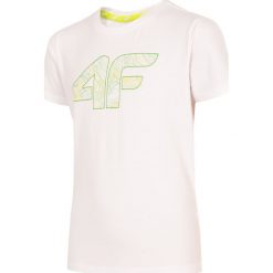 T-shirt chłopięcy JTSM201 - biały. Białe t-shirty chłopięce marki 4F JUNIOR, z nadrukiem, z materiału, bez rękawów. Za 29,99 zł.