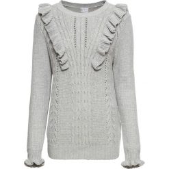 Sweter z falbanami bonprix jasnoszary melanż. Szare bluzki damskie bonprix, bez wzorów, bez rękawów, bez kaptura. Za 89,99 zł.