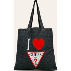 Guess Jeans - Torebka. Niebieskie torby damskie na zakupy Guess Jeans, w paski, z bawełny, duże, z nadrukiem, bez dodatków. W wyprzedaży za 279,90 zł.