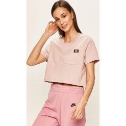 Dickies - T-shirt. Różowe bluzki damskie Dickies, s, z aplikacjami, z bawełny, casualowe, z okrągłym kołnierzem. Za 129,90 zł.